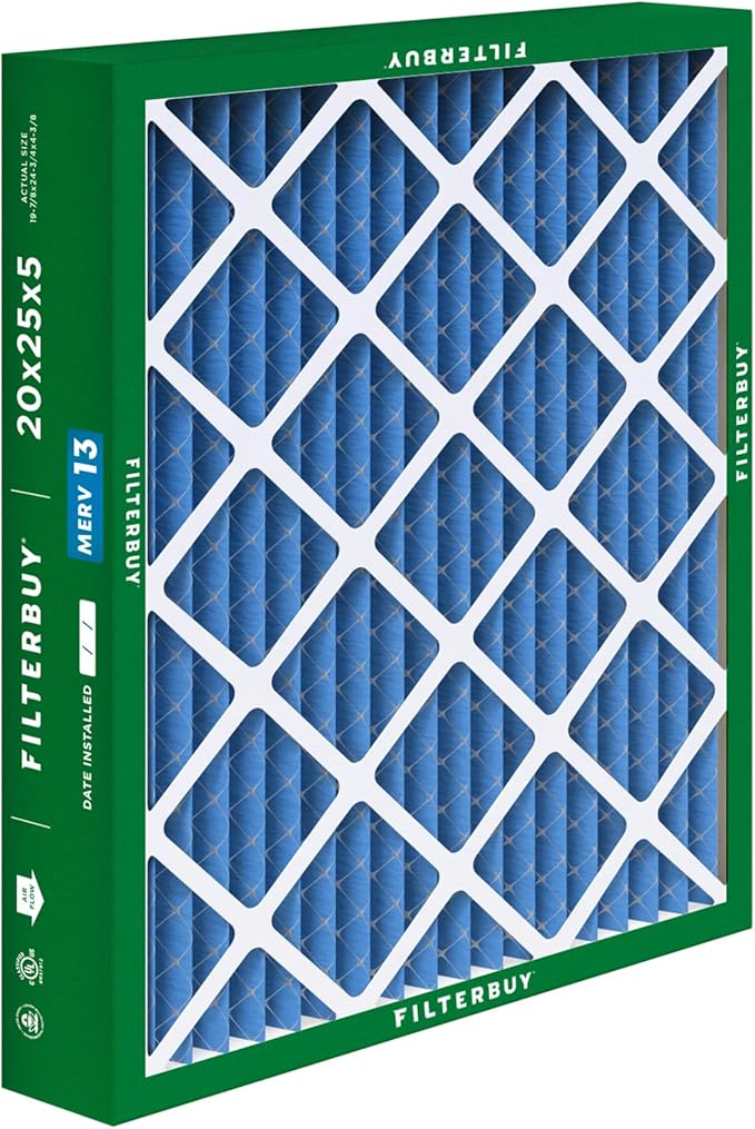 Filterbuy 20x25x5 Air Filter MERV 13 Optimal Defense (1-Pack), Pleated HVAC AC Furnace Air Filters for Honeywell FC100A1037, Lennox X6673, Carrier, & More (Actual Size: 19.88 x 24.75 x 4.38 Inches)