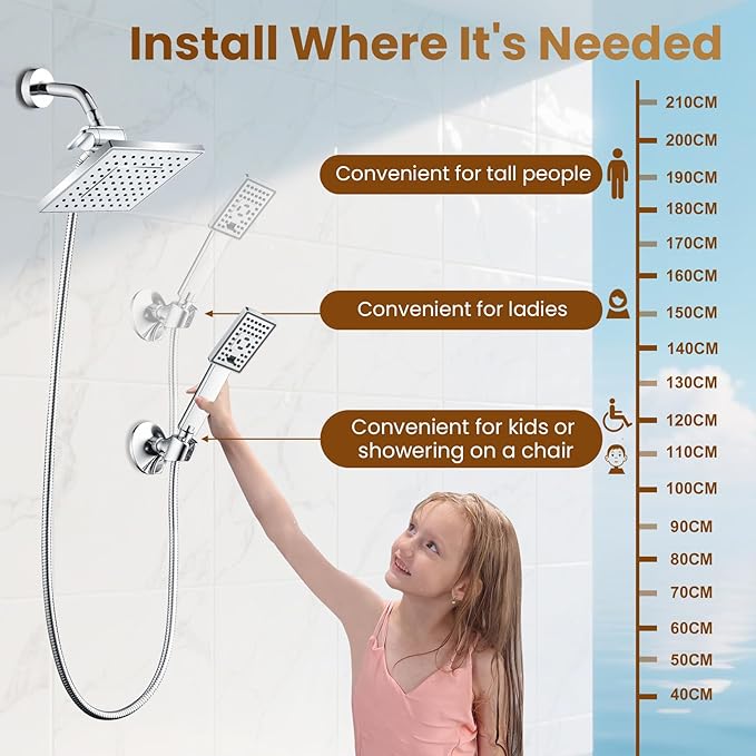 BRIGHT SHOWERS Rain Shower Head with Handheld Spray, 8 Inch High Pressure Rainfall Shower Head Combo with 60” Hose, Adjustable Dual Square Showerhead with 3-Way Diverter, Wall Bracket, Chrome