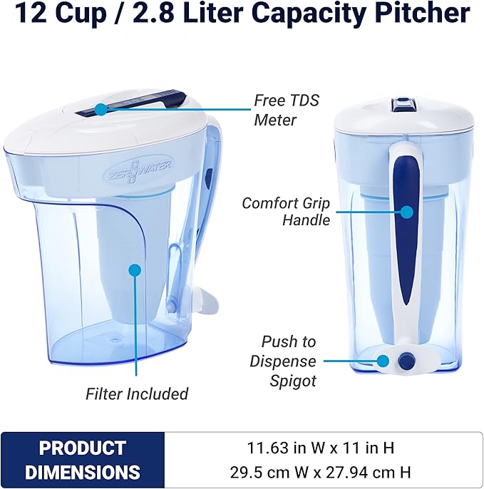 ZeroWater 12-Cup Ready-Pour 5-Stage Water Filter Pitcher 0 TDS for Improved Tap Water Taste - IAPMO Certified to Reduce Lead, Chromium, and PFOA/PFOS