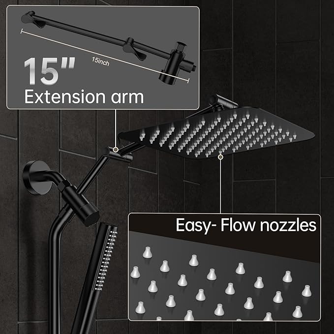 Veken 10" Luxurious All Metal Rain Shower Head with Handheld Spray Combo, High Pressure Rainfall Square Shower Heads with Extension Arm, Wide Dual Showerhead, Bathroom Accessories, Matte Black