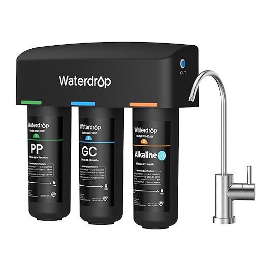 Waterdrop TSB-ALK 8 Layer Slightly Alkaline Under Sink Water Filter System, Reduces PFAS, PFOA/PFOS, Fluoride, Chlorine, Bad Taste & Odor, with Dedicated Faucet, Under Sink Water Filtration System