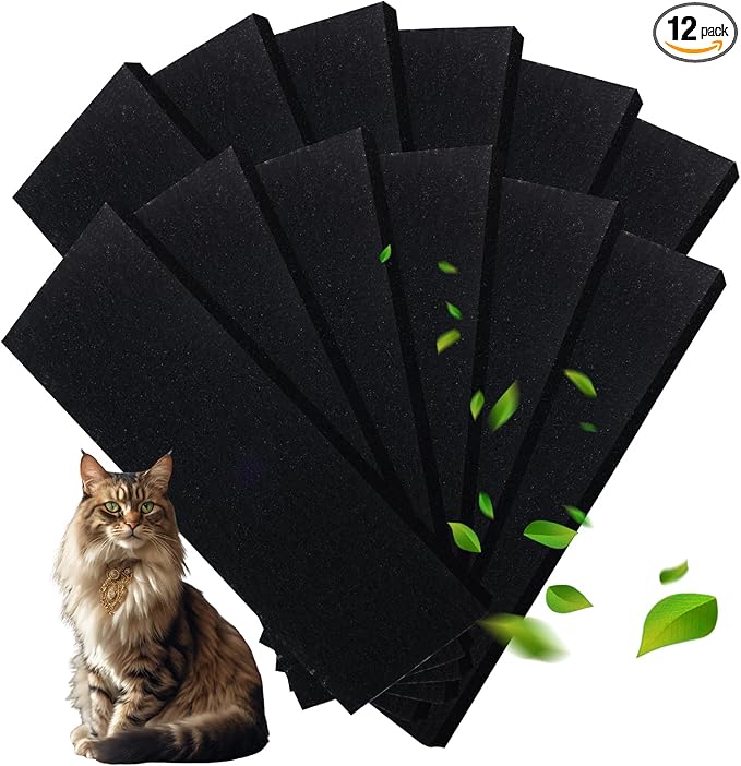 12 Pack Litter Box Filter, 10x3.5 Inch Charcoal Filters for Litter Robot 3, Activated Carbon Filter, Long Lasting Odor Control