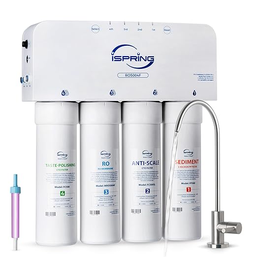 iSpring RO5004F Reverse Osmosis Water Filter with UV, 500 GPD RO System Under Sink, 2:1 Pure to Drain, Tankless RO Water Filtration System with Boost Pump, Filter Life Monitor, Reduces PFAS, TDS, Lead