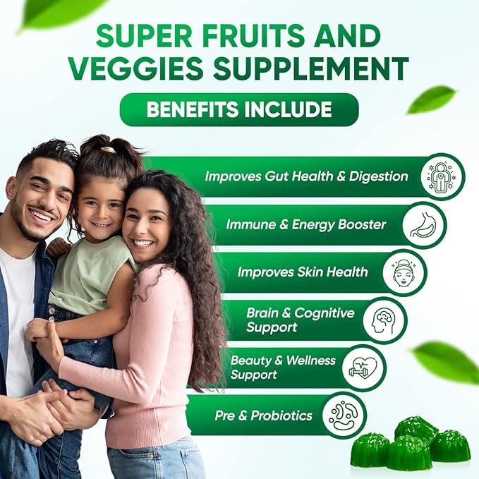Sugar-Free Real Organic Fruits, Super Greens and Veggies Gummies | 35+ Nutritious & Healthy Greens, Fruits, and Vegetables for Improved Immunity, Skin Health & Energy Boost|60 Vegan Gummies