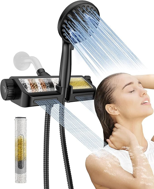 Filtered Shower Head with Handheld Combo Matte Black - Dual 2-in-1 Spa System with Massage Shower and 10 Modes Hand Held Shower, High Pressure with Built in Power Wash Mode