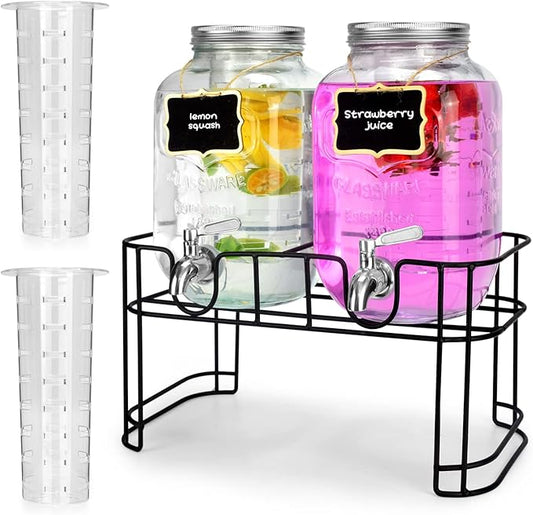 1 Gallon Glass Drink Dispensers For Parties 2PACK.Beverage Dispenser，Drink Dispenser With Stand And Stainless Steel Spigot 100% Leakproof.Glass Drink Dispenser With Ice Cylinder. Lemonade