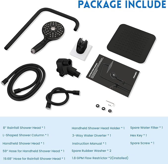 8" Dual Shower Head Combo, Rainfall Shower Head with Handheld, 6 Spray Settings Angle Adjustable Handheld Shower Head with Pause, Height Adjustable, Matte Black