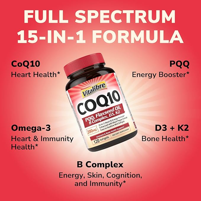 CoQ10 200mg, Ubiquinone with PQQ, Folate, Niacin, K2, D3, Black Pepper, High Absorption, Powerful Antioxidant, Heart Health, Energy Booster, Immunity, 120 Easy to Swallow Softgels