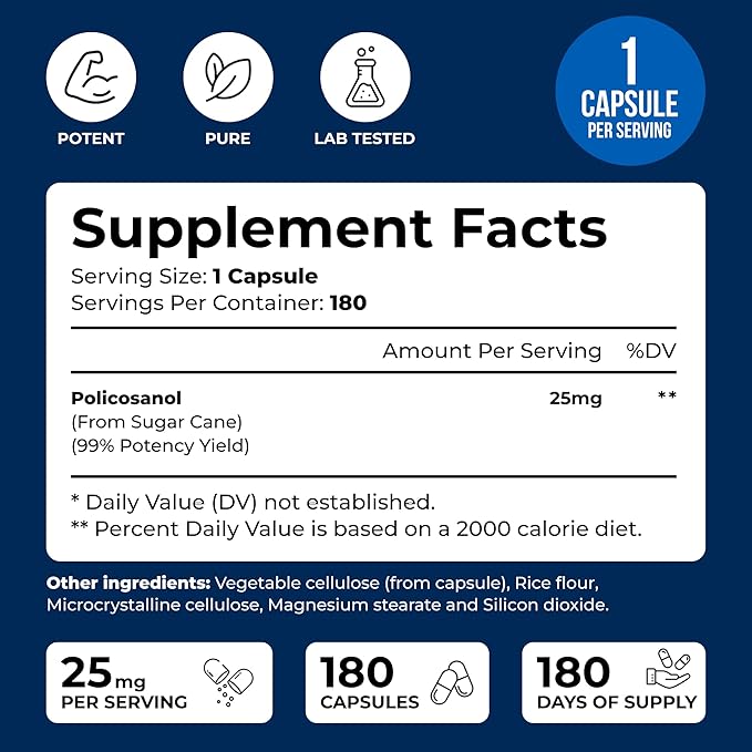 We Like Vitamins Policosanol 25mg - 180 Capsules - Policosanol Supplement Made from Natural Sugar Cane - Non-GMO and Gluten-Free