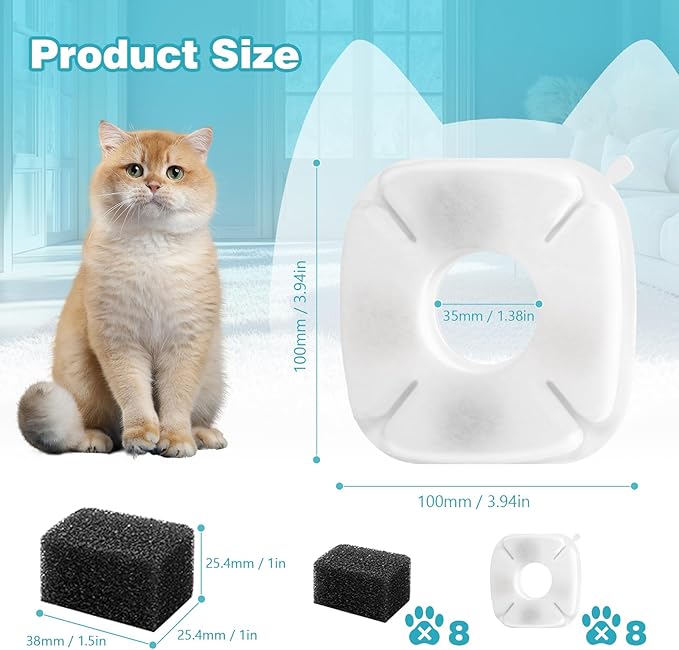 16 Pcs Cat Water Fountain Filter, Replacement Filters & Sponges for Pet Water Fountain, 8 Filters + 8 Sponges for Automatic Pet Fountain, Compatible with Veken 95oz, 67oz, 135oz Pet Dispensers