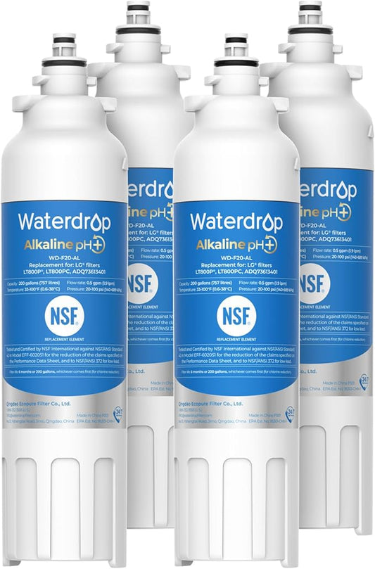 Waterdrop 𝐀𝐥𝐤𝐚𝐥𝐢𝐧𝐞 ADQ73613401 Water Filter, 𝐄𝐧𝐡𝐚𝐧𝐜𝐞𝐬 𝐩𝐇, Replacement for LG® LT800P®, ADQ73613402, ADQ75795104, LSXS26326S, LMXC23746S, LSXS26366S, LSXS26386D, 4 Filters