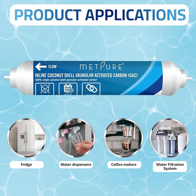 In line Water Filter 2" x 10" Coconut Shell Post Activated Carbon Water Filter Replacement with 1/4" OD Quick Connects for Inline Reverse Osmosis RO Water Filtration, Refrigerator, Ice Maker
