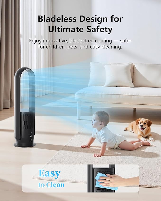 U ULTTY Bladeless Tower Fan and Air Purifier in one, True HEPA Filter 99.97% Smoke Dust Pollen Dander, Oscillating Tower Fan with Remote Control CR022D, Black
