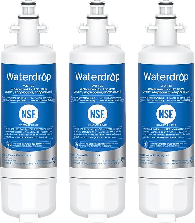 Waterdrop ADQ36006101 Replacement for LG® LT700P® Refrigerator Water Filter, Kenmore® 9690, 469690, ADQ36006102, LFXS30766S, LFXS24623S, FML-3, RFC1200A, RWF1200A, WSL-3, 3 Filters Package May Vary