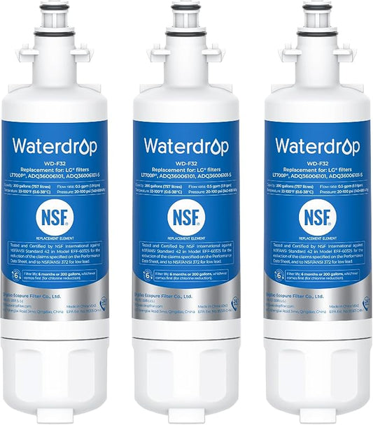 Waterdrop ADQ36006101 Replacement for LG® LT700P® Refrigerator Water Filter, Kenmore® 9690, 469690, ADQ36006102, LFXS30766S, LFXS24623S, FML-3, RFC1200A, RWF1200A, WSL-3, 3 Filters Package May Vary