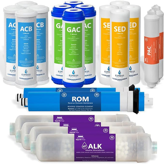 Express Water – 2 Years Alkaline Reverse Osmosis System Replacement Filter Set – 20 Filters with 50 GPD RO Membrane – 10 inch Size Water Filters