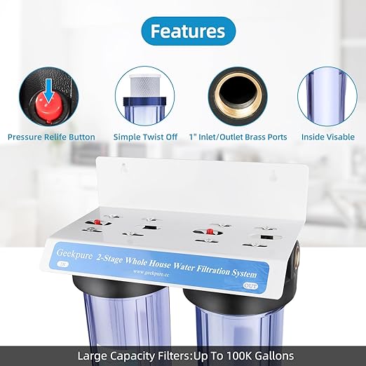 Geekpure 2 Stage Whole House Water Filter System with 10-Inch Big Clear Housing PP and Carbon Filters-1" NPT