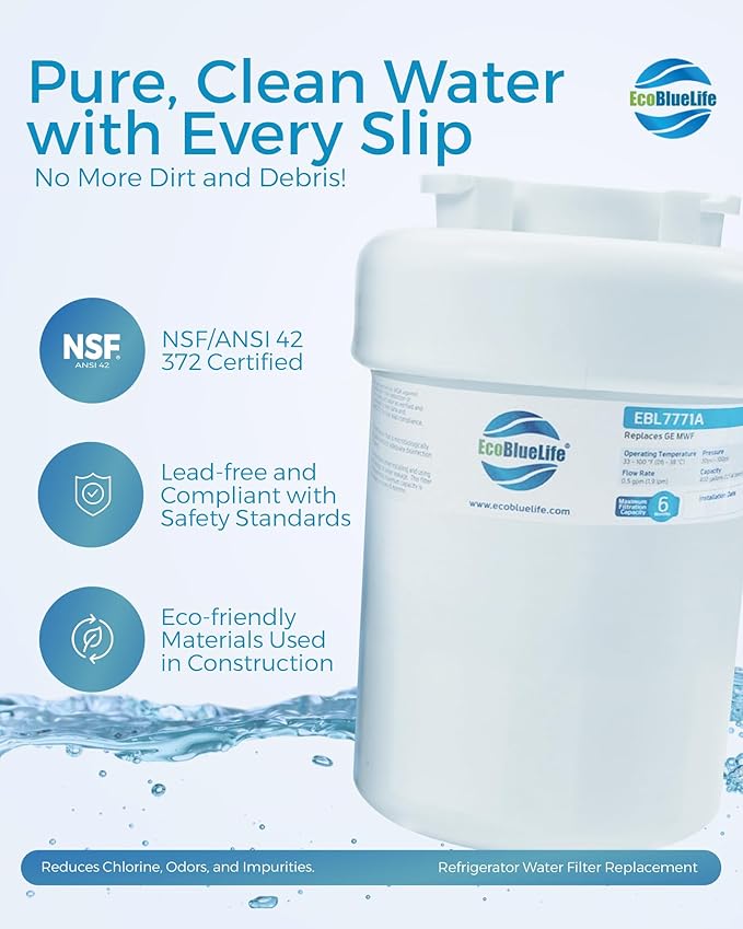 EcoBlueLife Refrigerator Water Filter Replacement using Renewable Activated Carbon. Easy Install Fridge Filter Replacement. Filters up to 300 Gallons of water, 6 Months of Purified Water