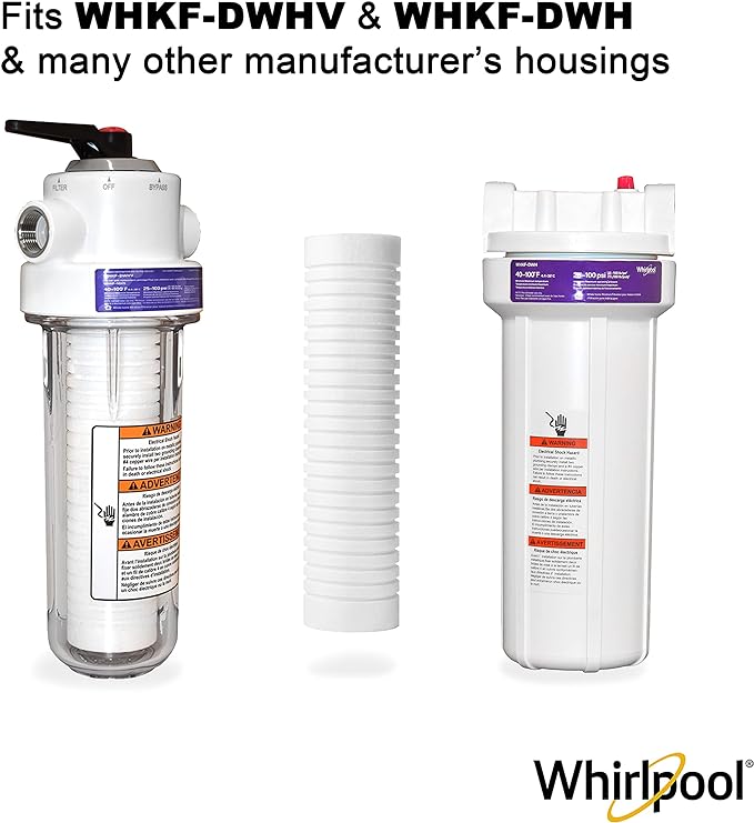 Whirlpool 10" x 2.5" Whole Home Standard Capacity Sediment Filters WHKF-GD05, 5 Micron, 6-Month Filter Life, Reduces Sediment, Sand, Soil, Silt & Rust, for standard filter housings, 2-Pack