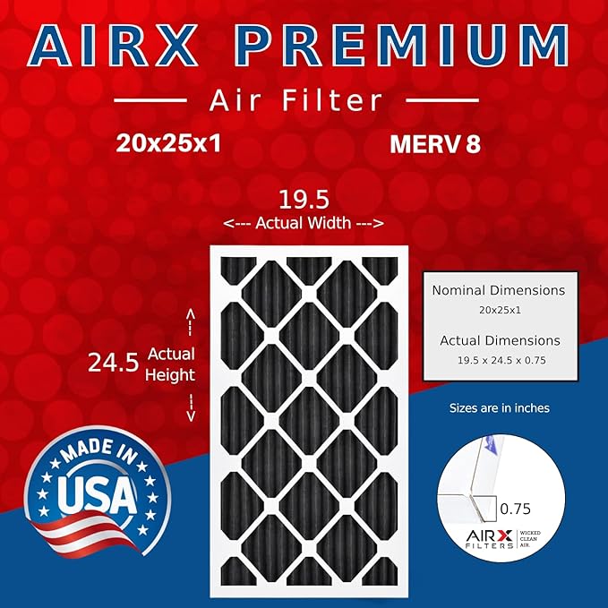 AIRX FILTERS WICKED CLEAN AIR. 20x25x1 Air Filter Odor Eliminator Carbon Filter MERV 8 AC HVAC Furnace Filters 6 Pack