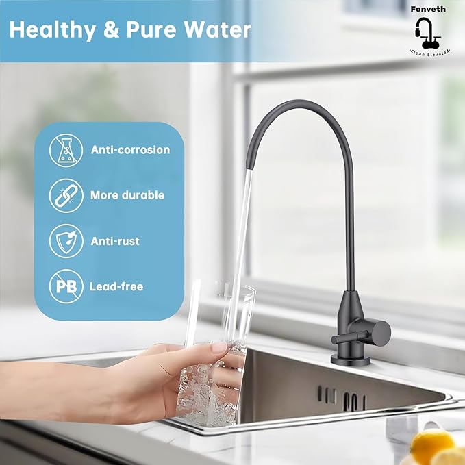 Drinking Water Faucet, Gunmetal Grey Faucet Stainless Steel for Under Sink Water Filter System Reverse Osmosis Non-Air Gap for Kitchen