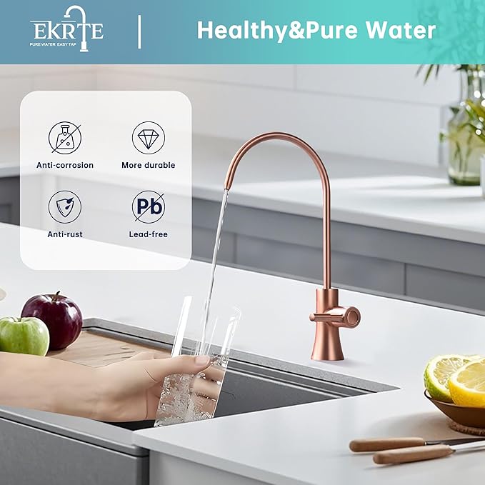 EKRTE Copper Drinking Water Purifier Faucet, Rose Gold Kitchen Bar Sink Drinking Water Purifier Faucet, Commercial Water Filtration Faucet for Under Sink Water Filter System,Brass RO Faucet in Copper