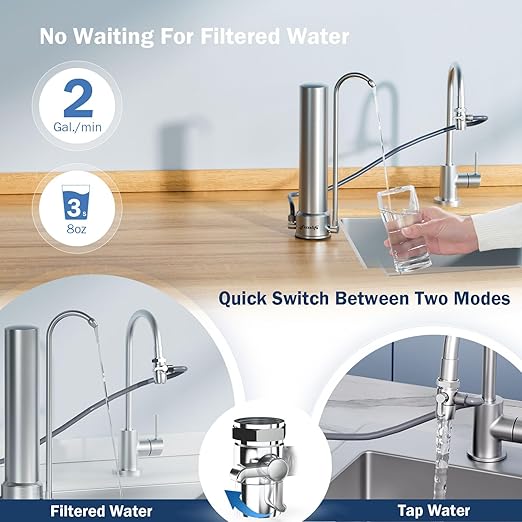 Frizzlife SS99 Countertop Water Filter System, 0.5 Micron NSF Certified 6-Stage Reduces 99.99% Lead, Chlorine, Heavy Metals, Bad Taste & Odor, Stainless Steel Faucet Water Filtration for 8000 Gallons