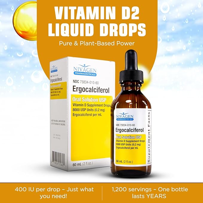 Vitamin D2 Liquid Drops 8,000 USP (Ergocalciferol) | 400 IU per Serving | 2 Drops Once Daily | 1,200 Servings, 60ml (2 fl. oz) | Faster Absorption | Bone, Muscle & Immune Support | Made in USA