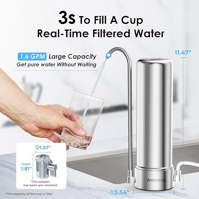 Waterdrop Water Filter for Sink Faucet, NSF/ANSI 42 Certified Countertop Water Filter System, 5-Stage Stainless Steel Faucet, 16000 Gallons, Reduces Heavy Metals and 99% Chlorine, WD-CTF-01(2 Filter)