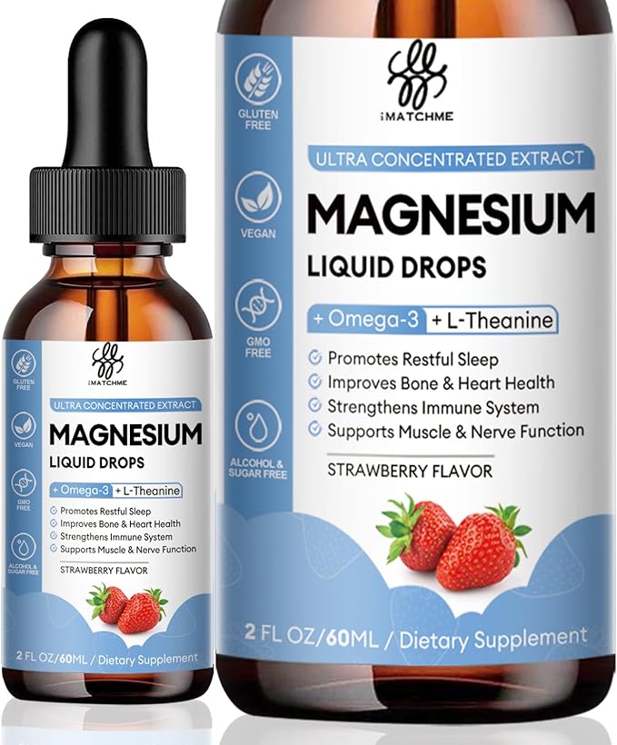 Magnesium Glycinate Liquid Drop with Citrate, Oxide and Taurate, Calm Magnesium with Omega3, L-Theanine, D3, B6, B12 for Calm, Sleep, Leg Cramps, Muscles, Energy, Sugar-Free Strawberry Flavor