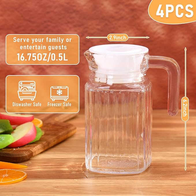 Gejoy 4 Pieces 17 oz Glass Pitcher with Lid Fridge Juice Glass Water Pitcher Beverage Drink Containers Jug for Fridge Iced Tea Lemonade Milk Cocktails Cold