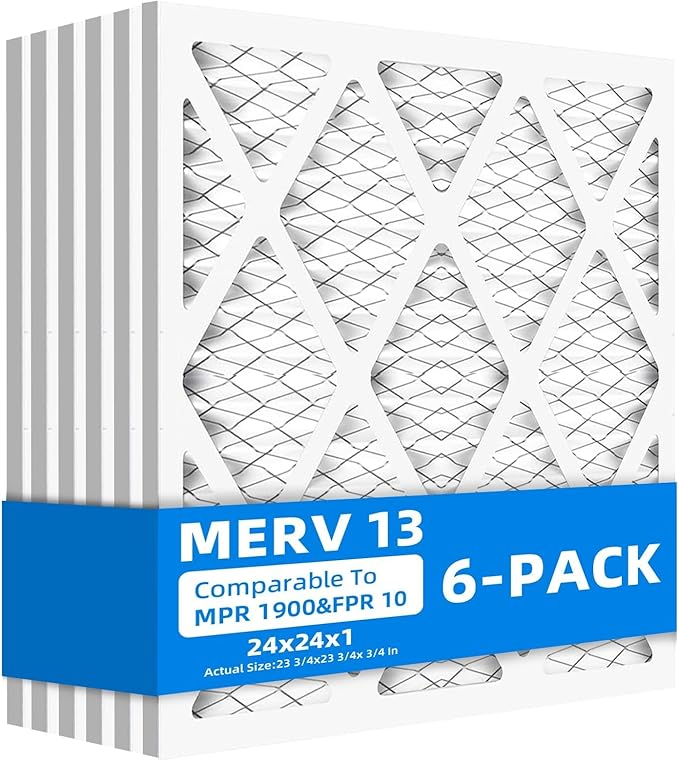 (6 Pack) 24x24x1 Furnace Air Filters, MPR 1900 & FPR 10, MERV 13 Pleated Air Filter (Actual Size: 23.75"x23.75"x0.75")