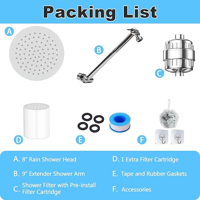 8" High-Pressure Rain Shower Head with 20 Stage Filter & 9-Inch Adjustable Height Shower Arm Extension, Round Shower Heads for Hard Water, Chrome