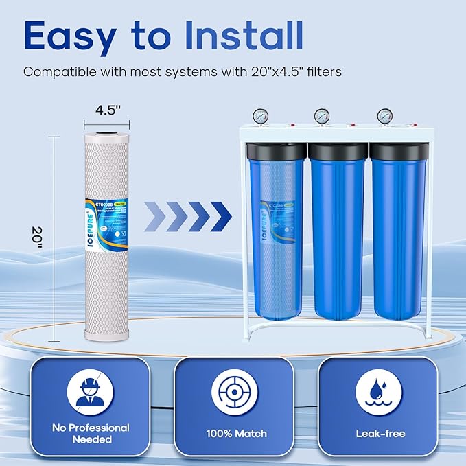 ICEPURE 1 Micron 20" x 4.5" Whole House CTO Coconut Shell Activated Carbon Water Filter Cartridge Replacement for FC25B, EPM-20BB, CB-BB-20, DB20P, EP-20BB, CTO-F20B-5, F3WGB32BM, 155783-43, 2 Pack