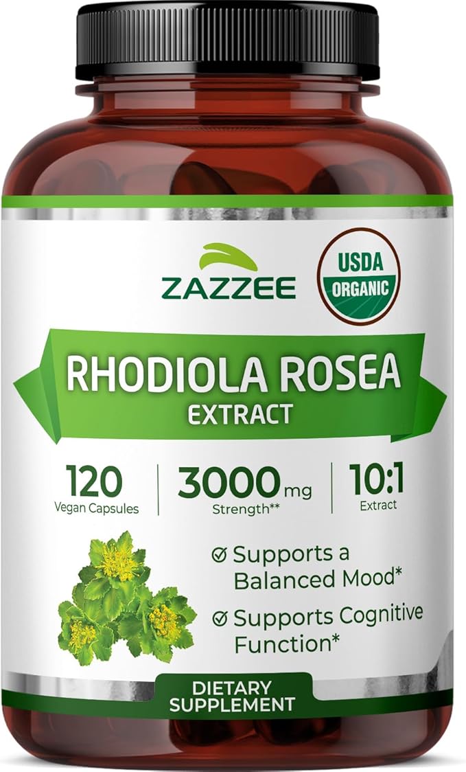 Zazzee USDA Organic Rhodiola 10:1 Exract, 3000 mg Strength, 120 Capsules, 4 Month Supply, Standardized and Concentrated 10X Extract, 100% Vegetarian, Extra Strength, All-Natural and Non-GMO