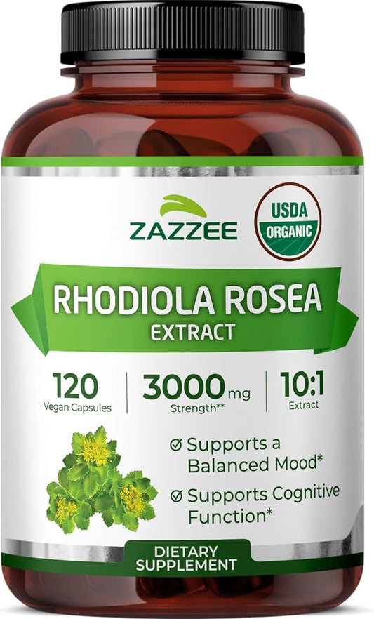 Zazzee USDA Organic Rhodiola 10:1 Exract, 3000 mg Strength, 120 Capsules, 4 Month Supply, Standardized and Concentrated 10X Extract, 100% Vegetarian, Extra Strength, All-Natural and Non-GMO