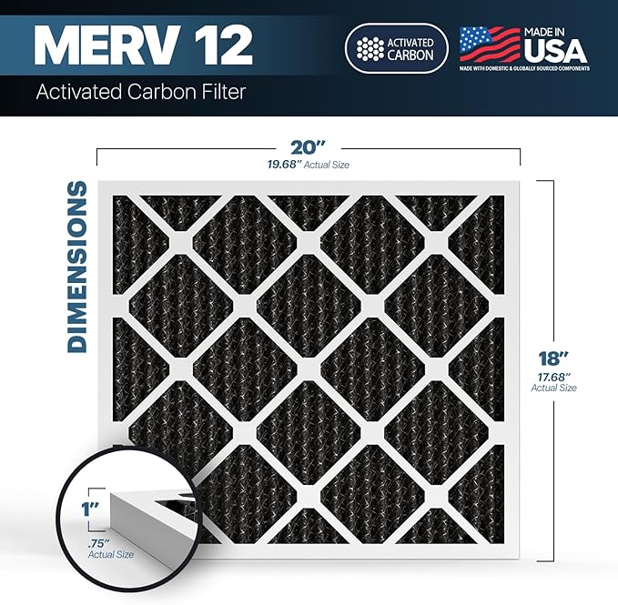 BNX TruFilter 18x20x1 MERV 12 Odor Defense (4-Pack) AC Furnace Air Filter with Activated Carbon - MADE IN USA - Pleated Air Conditioner HVAC AC Furnace Filters - Removes Odor, Mold, Bacteria, Smoke