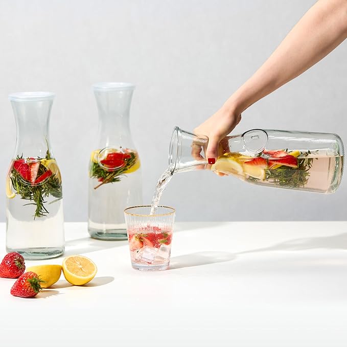 Glass Carafe Pitchers, by Kook, Large Carafe - set of 3, Beverage Dispensers, Clear Jugs For Mimosas, Water, Wine, Milk and Juice, with Plastic Lids, 50 oz Dishwasher Safe