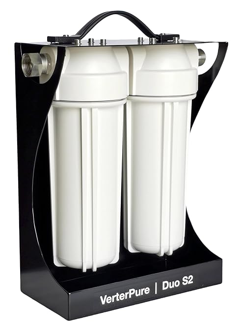 Duo S2 External 2-Stage RV Fresh Water Filter System, High Flow, NSF Housings, 3/4" GHT Stainless Steel Fittings, Reduce Sediment, Chlorine, Odor, Heavy Duty Free-Standing Chassis, White