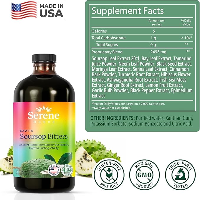 Soursop Bitters Liquid - Organic Herbal Sour SOP Guanabana Detox with Black Seed, Moringa & Ginger - Supports Digestive Wellness & Immune Function - 16 fl oz