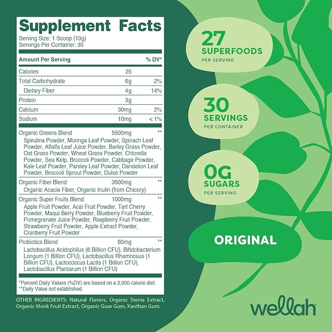 Wellah Leaf, Laugh, Love Super Greens Powder (Unflavored) 30 Servings - Superfood Supplement Drink Mix