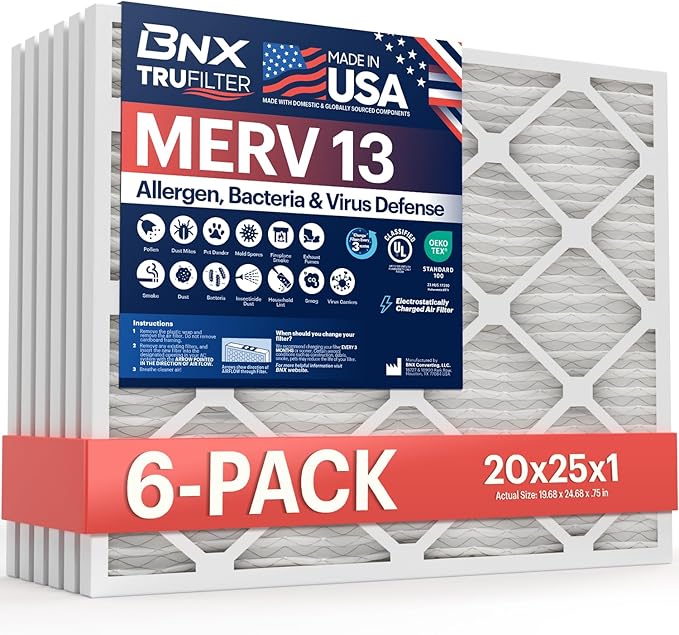 BNX TruFilter 20x25x1 Air Filter MERV 13 (6-Pack) - MADE IN USA - Electrostatic Pleated Air Conditioner HVAC AC Furnace Filters for Allergies, Pollen, Mold, Bacteria, Smoke, Allergen, MPR 1900 FPR 10
