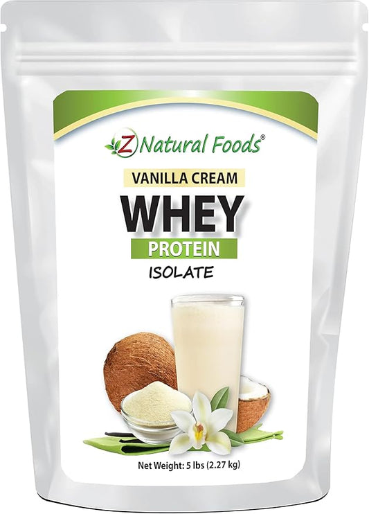 Z Natural Foods Vanilla Cream Whey Protein Isolate, Nutrition-Rich, Flavorful Protein Powder for Heart Health and Immunity, Great in Tea, Coffee, Smoothie, Non-GMO, Gluten-Free, Kosher, 5 lbs