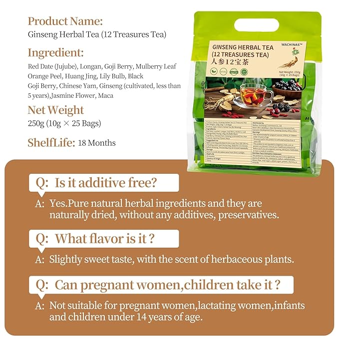 Ginseng Herbal Tea 12 Treasures – Natural Kidney & Liver Wellness Detox Tea, Caffeine-Free Chinese Herbal Blend with Red Dates, Goji Berry,Ginseng, Maca – 25 Individually Wrapped Pyramid Tea Bags (250 g)