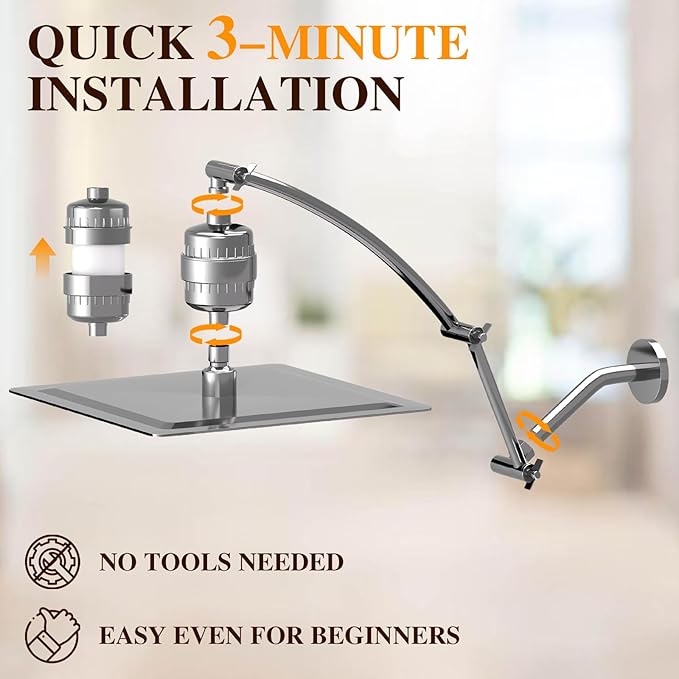 Filtered Shower Head with Adjustable Extension Arm, Rain High Pressure Showerhead with 20-Stage Shower Filter for Removing Chlorine and Harmful Substances (10 Inch, Chrome Finish)