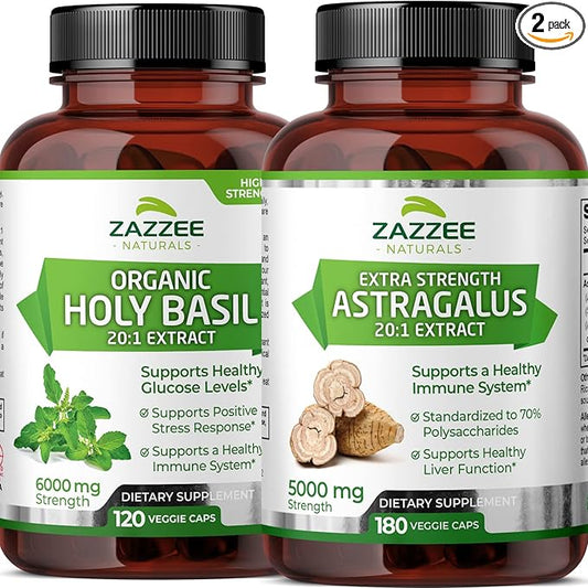 Zazzee Extra Strength Astragalus Root and Extra Strength USDA Organic Holy Basil Tulsi Extract