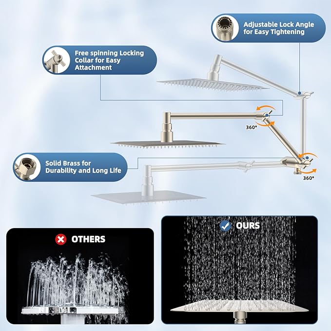 iFealClear Metal Rain Shower Head, 8” High Pressure Rainfall Shower Head with Handheld Spray, 10-Mode Handheld Powerful Wash, 16" Adjustable Extension Arm, Brushed Nickel