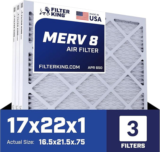 Filter King 17x22x1 Air Filter | 3-PACK | MERV 8 HVAC Pleated A/C Furnace Filters | MADE IN USA | Actual Size: 16.5 x 21.5 x .75"
