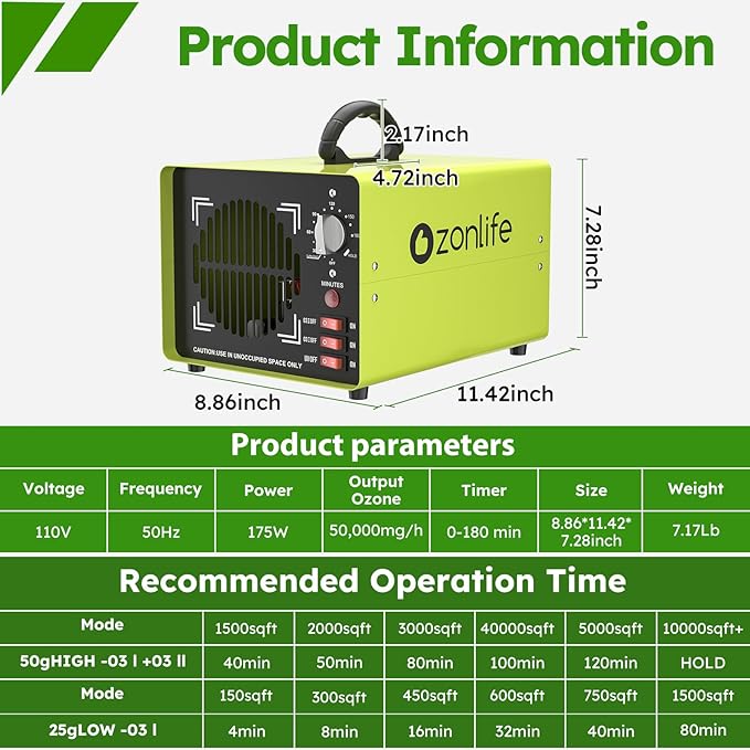 Powerful Dual Ozone Plate Professional 25g/50g Odor Eliminator Machine Ionizer Generator Air Purifier for Large Spaces, Industrial, Home