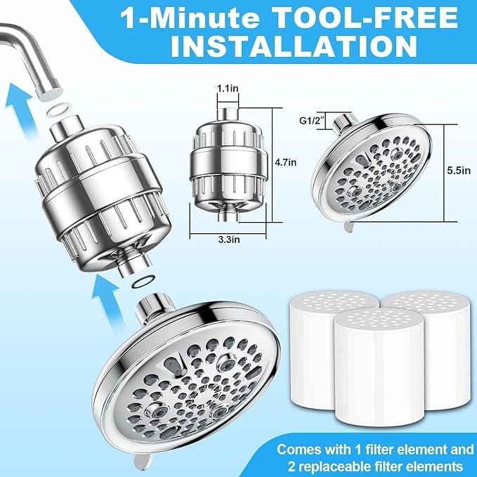 Filtered Shower Head with 9 Spray Settings for Hard Water, High Pressure Fixed Shower Head with 20 Stage Shower Filter, Include 2 Replaceable Shower Filter, Chrome